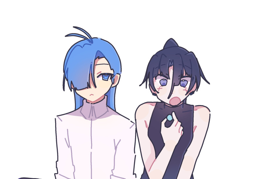 2girls, :<, ado_(utaite), ahoge, black_shirt, blue_eyes, candy, closed_mouth
