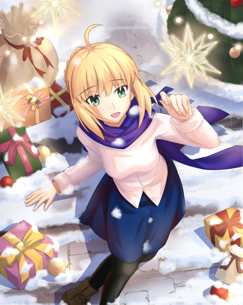 1girl, absurdres, ahoge, andychen662000, artoria_pendragon_(fate), black_leggings, blonde_hair, blue_skirt