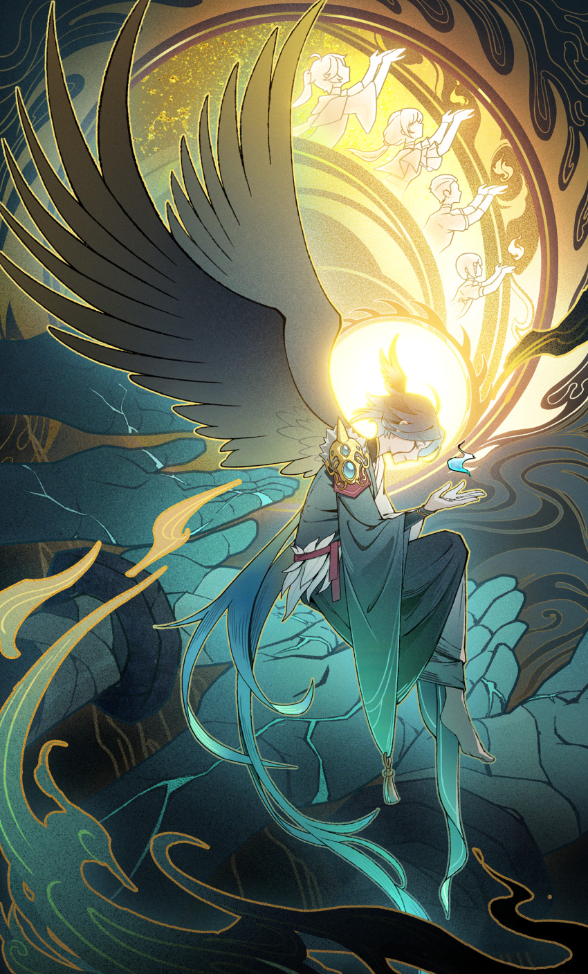 1boy, alternate_costume, aqua_gemstone, aqua_hair, armor, barefoot, black_hair, black_wings