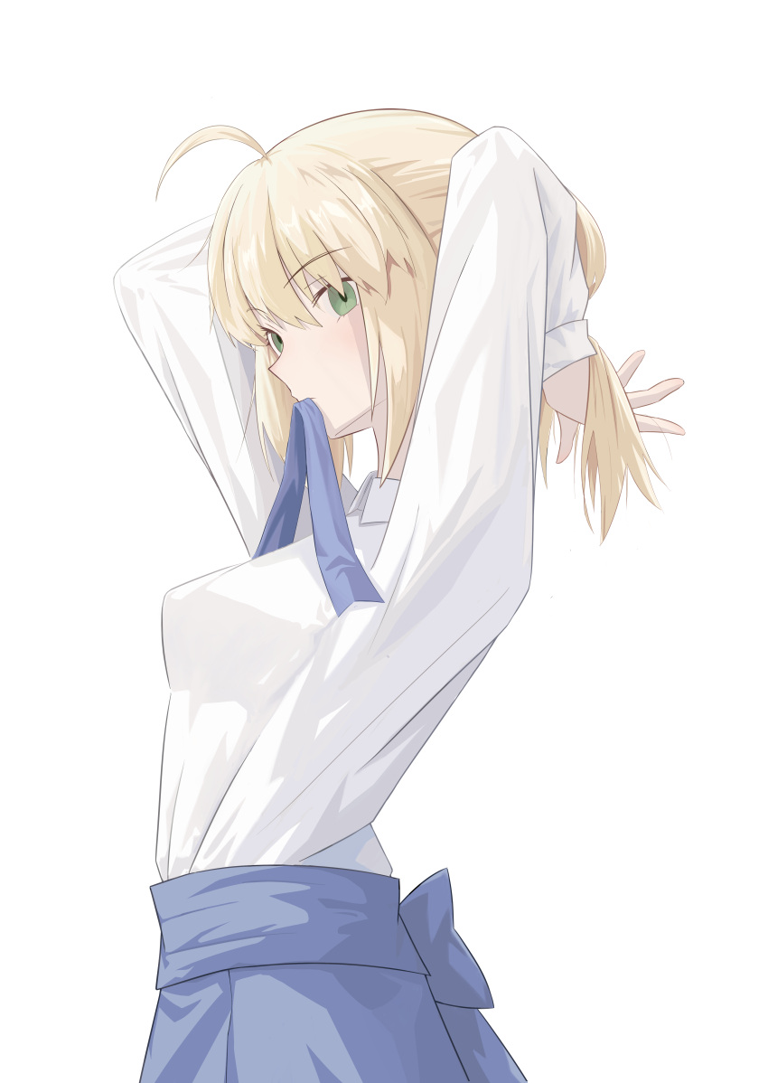 1girl, absurdres, adjusting_hair, ahoge, andychen662000, artoria_pendragon_(fate), blonde_hair, blouse