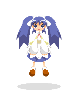 1girl, amazake_(manuke_no_oukoku), animated, animated_gif, apron, bad_source, blue_dress, blue_eyes, blush_stickers, border, bow, brown_shoes, collar, dress, facing_viewer, flapping, flying, full_body, hair_between_eyes, legs_apart, long_hair, long_sleeves, lowres, medium_dress, neck_ribbon, open_mouth, puffy_long_sleeves, puffy_sleeves, red_ribbon, ribbon, sakura_(ukagaka), shadow, shoes, sidelocks, simple_background, sleeves_past_wrists, solo, straight-on, twintails, ukagaka, waist_ribbon, white_apron, white_background, white_border, white_bow, yellow_ribbon