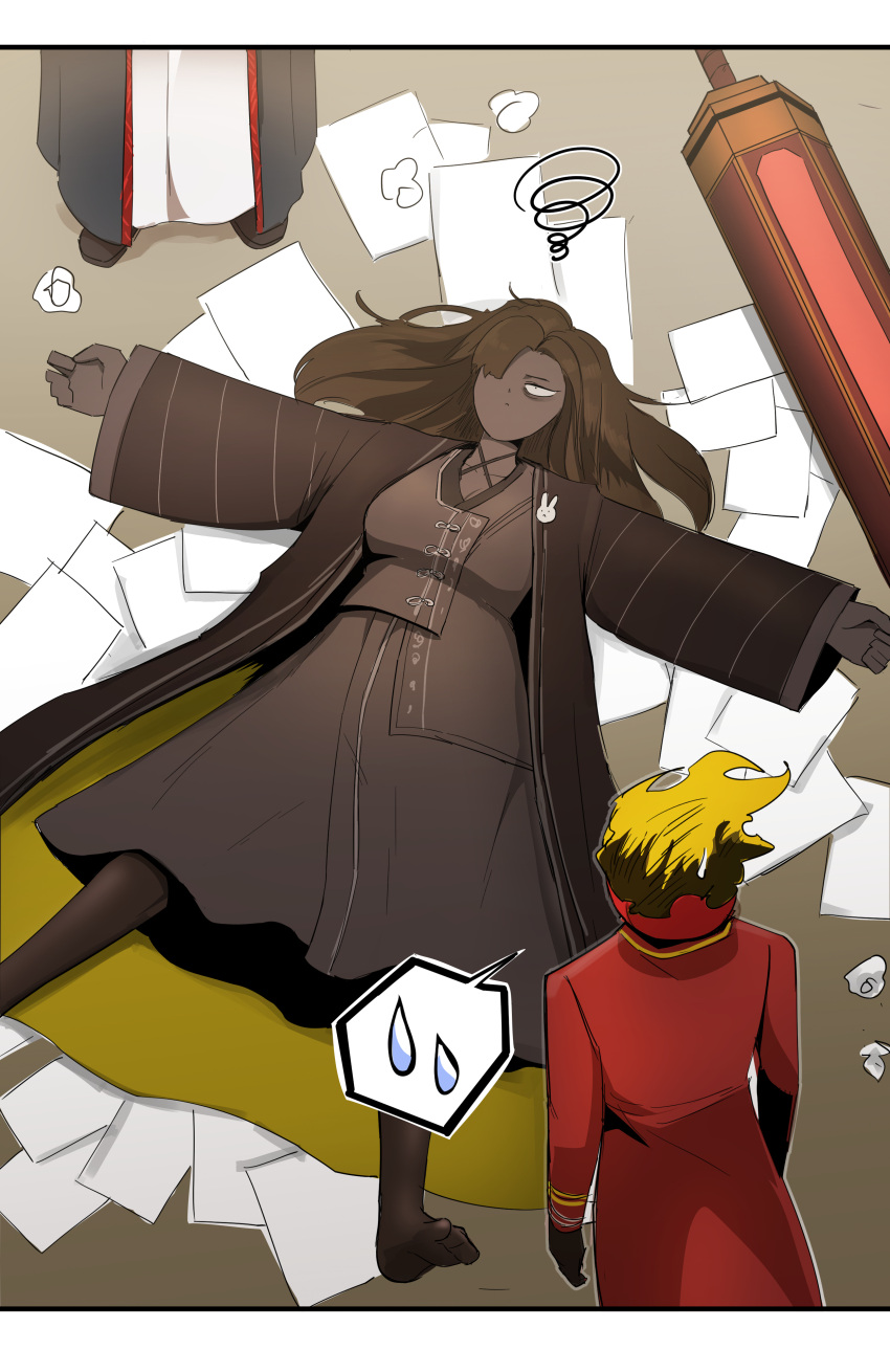 1other, 2girls, absurdres, black_hair, chinese_clothes, dante_(limbus_company), dark_skin, exadcr95