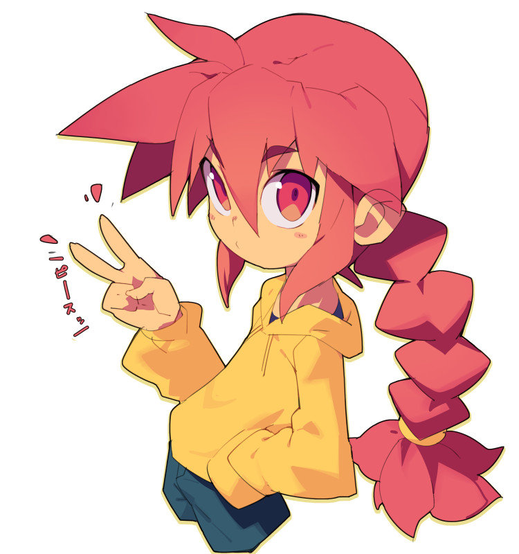 1girl, blush_stickers, braid, braided_ponytail, cropped_legs, drawstring, hair_between_eyes, hand_in_pocket