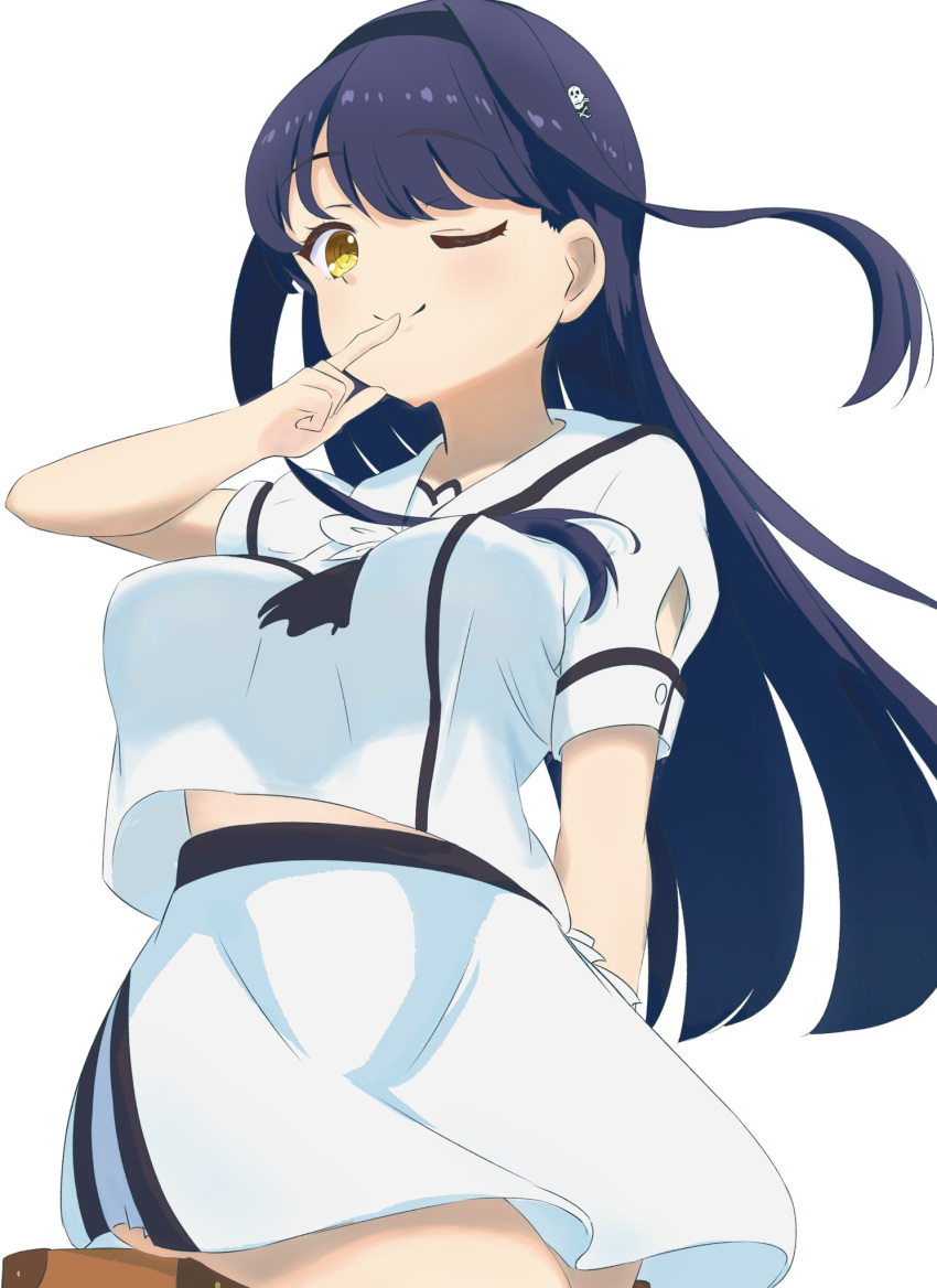 1girl, ;), ascot, ascot_between_breasts, black_ascot, black_hair, blush, closed_mouth