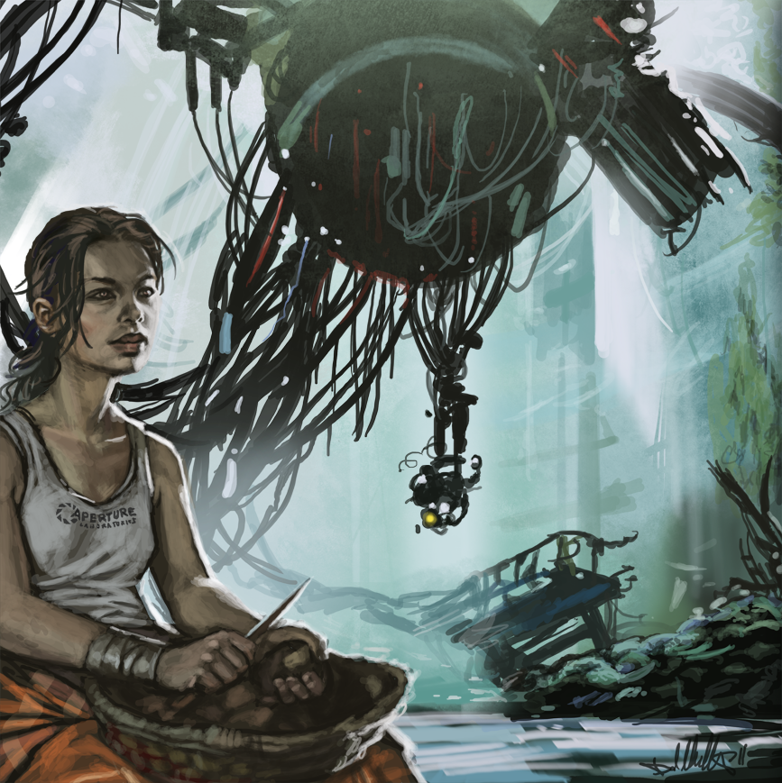 bandage, brown_hair, cable, chell, clothes_writing, glados, kopfstoff, long_hair, peeling, portal, portal_2, potato, realistic, ruins, shirt