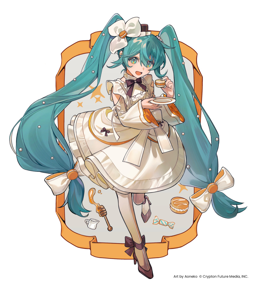 1girl, :d, amd_aoneko, blue_eyes, blue_hair, bow, brown_shoes, cookie, copyright_notice, detached_sleeves, dress, food, full_body, hair_between_eyes, hair_bow, hatsune_miku, high_heels, highres, holding, holding_cookie, holding_food, holding_macaron, holding_plate, long_hair, looking_at_viewer, macaron, official_art, open_mouth, pantyhose, plate, shoes, simple_background, sleeveless, sleeveless_dress, smile, solo, twintails, very_long_hair, vocaloid, white_background, white_bow, white_dress, white_pantyhose, white_sleeves, wide_sleeves