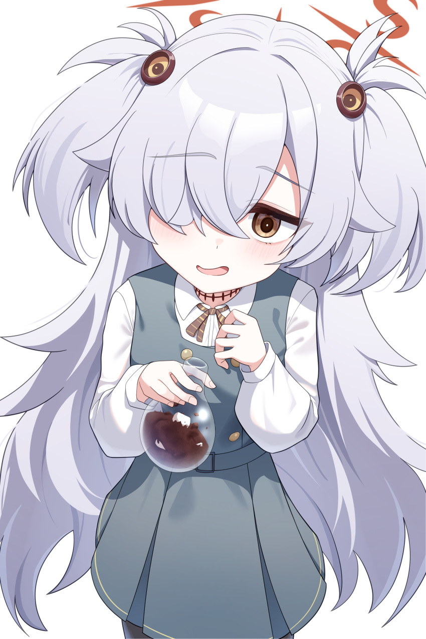 1girl, absurdres, black_pantyhose, blue_archive, brown_eyes, brown_halo, collared_shirt, commentary_request, cowboy_shot, dress, flask, grey_hair, hair_over_one_eye, halo, highres, holding, holding_flask, kanoe_(blue_archive), long_hair, long_sleeves, looking_at_viewer, natukuzira, open_mouth, pantyhose, pinafore_dress, round-bottom_flask, shirt, simple_background, sleeveless, sleeveless_dress, solo, two_side_up, very_long_hair, white_background, white_shirt