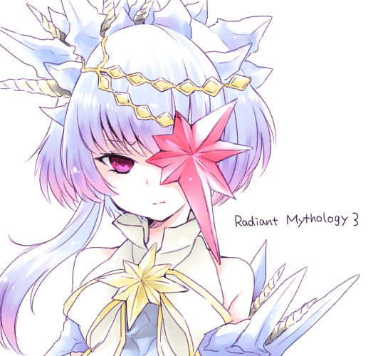 blue_hair, bow, brooch, eyepatch, gradient_hair, hair_ornament, hairpin, ichika_(rainyrainy), jewelry, lazaris, multicolored_hair, payot, pink_hair, razalis, red_eyes, ribbon, serious, short_hair, solo, tales_of_(series), tales_of_the_world_radiant_mythology_3, title_drop, white_hair