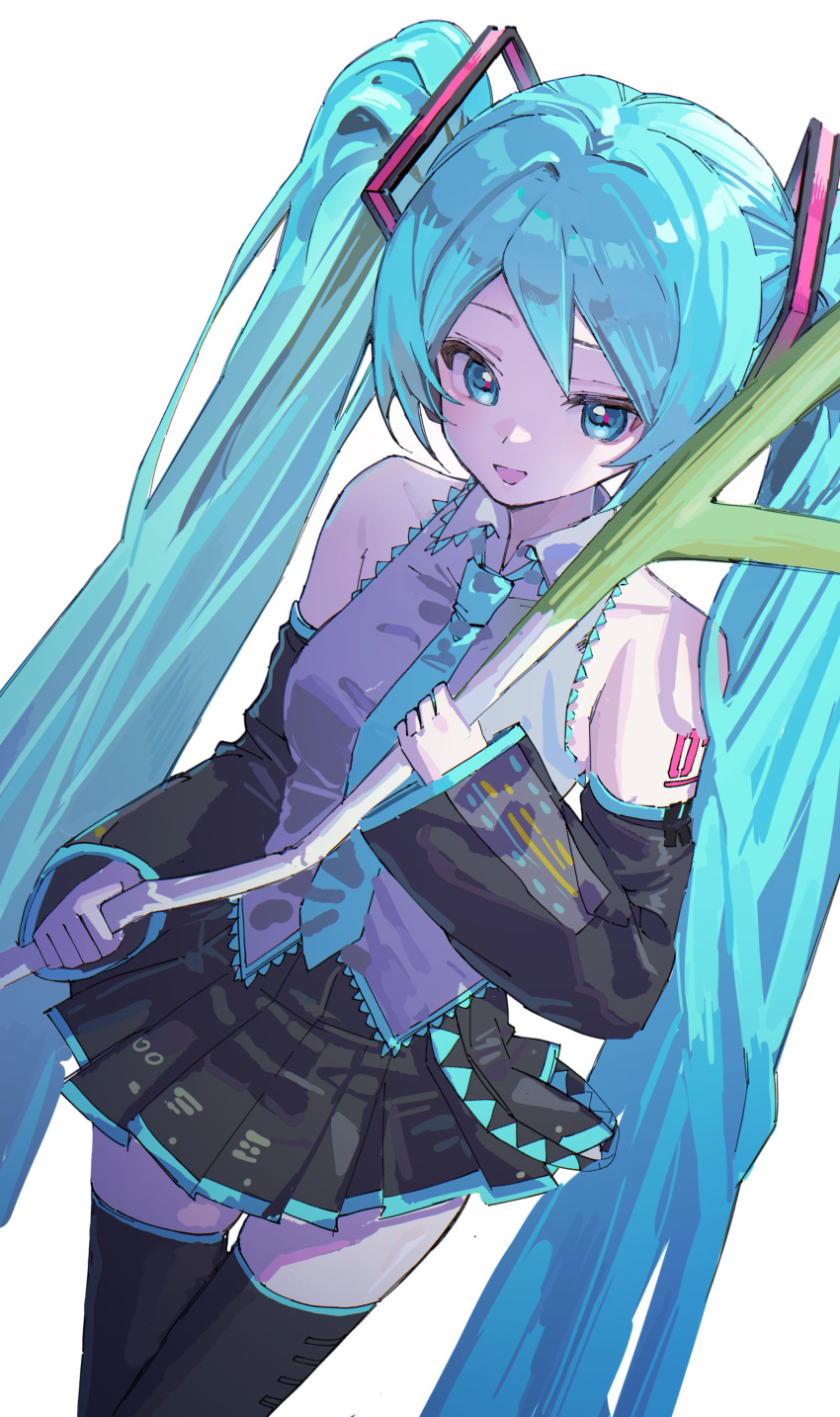 1girl, absurdres, aqua_eyes, aqua_hair, aqua_necktie, bare_shoulders, black_skirt, black_sleeves, black_thighhighs, blue_eyes, blue_hair, collared_shirt, cowboy_shot, detached_sleeves, food, grey_shirt, hair_ornament, hatsune_miku, highres, holding, holding_food, holding_vegetable, long_hair, looking_at_viewer, miniskirt, necktie, open_mouth, pleated_skirt, shirt, shoulder_tattoo, simple_background, skirt, sleeveless, sleeveless_shirt, smile, solo, spring_onion, taemim, tattoo, thigh-highs, twintails, vegetable, very_long_hair, vocaloid, white_background, zettai_ryouiki