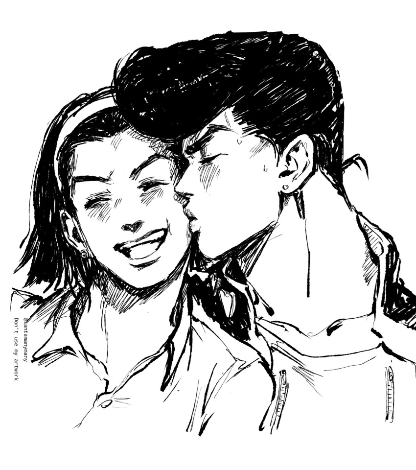 1boy, 1girl, black_hair, closed_eyes, diamond_wa_kudakenai, earrings, greyscale, hairband