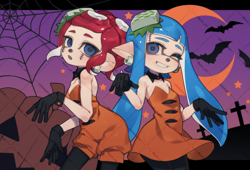 2girls, bare_shoulders, bat_(animal), black_collar, black_gloves, black_pantyhose, blue_eyes, blue_hair