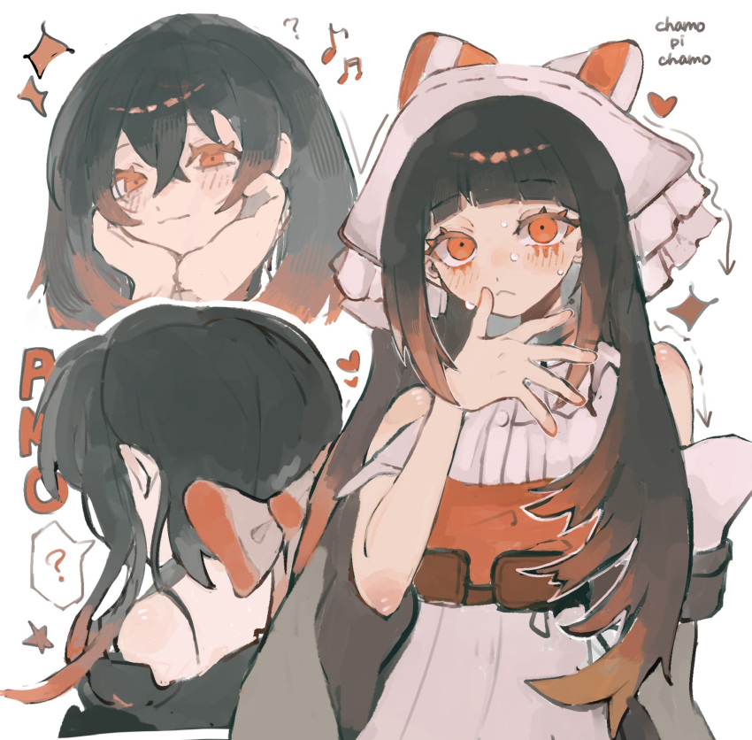 1girl, :<, amo_empool, black_hair, blunt_bangs, blush, bow, chamopichamo