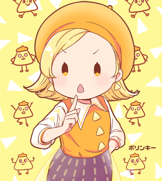 1girl, black_skirt, blonde_hair, chestnut_mouth, collared_shirt, commentary_request, earrings, flipped_hair