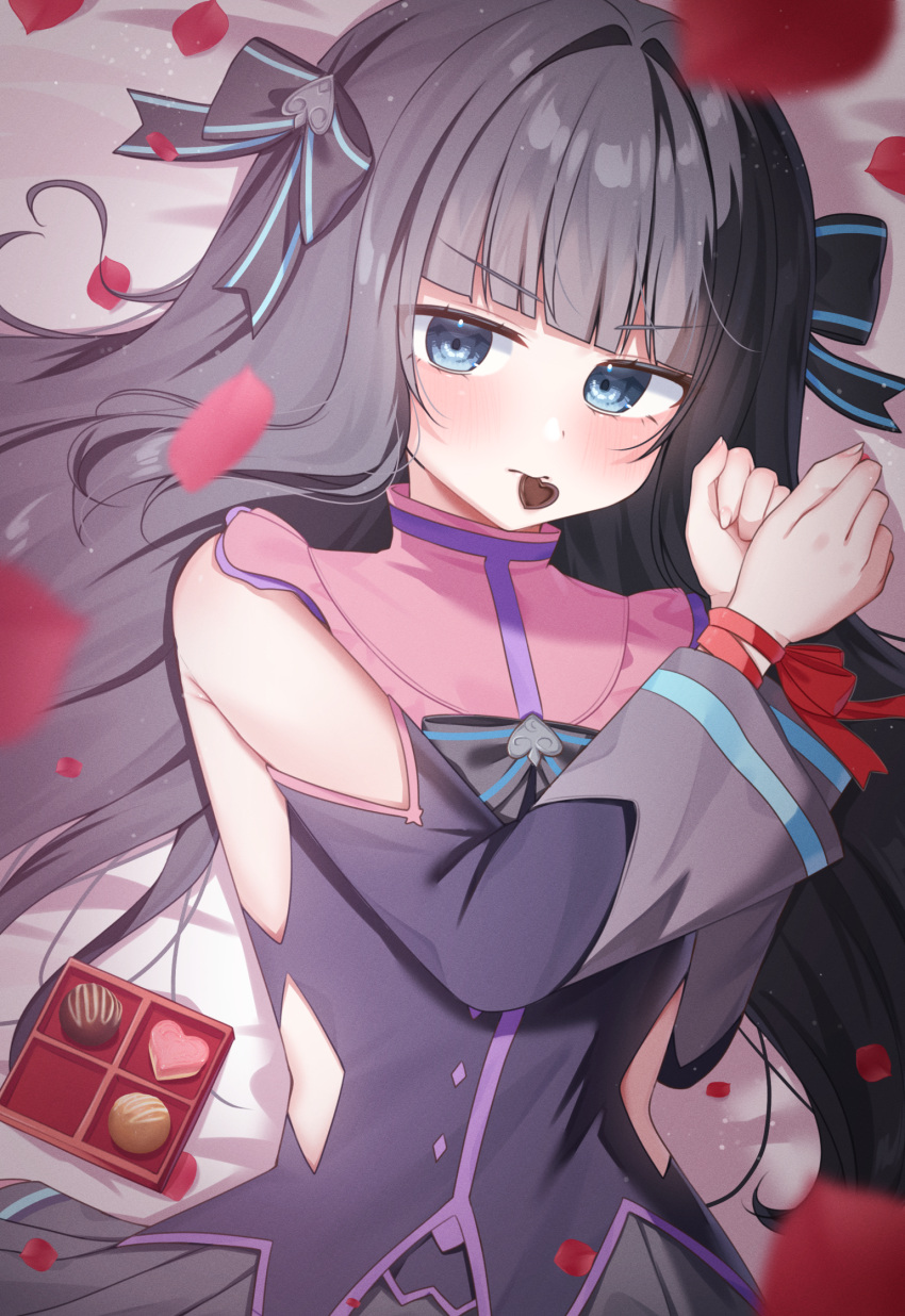 1girl, arcaea, backless_shirt, bare_shoulders, black_bow, black_bowtie, black_hair, black_ribbon