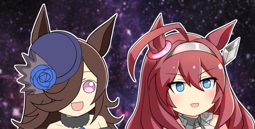 2girls, ahoge, animal_ears, blue_eyes, blue_flower, blue_rose, brown_hair, flipped_hair