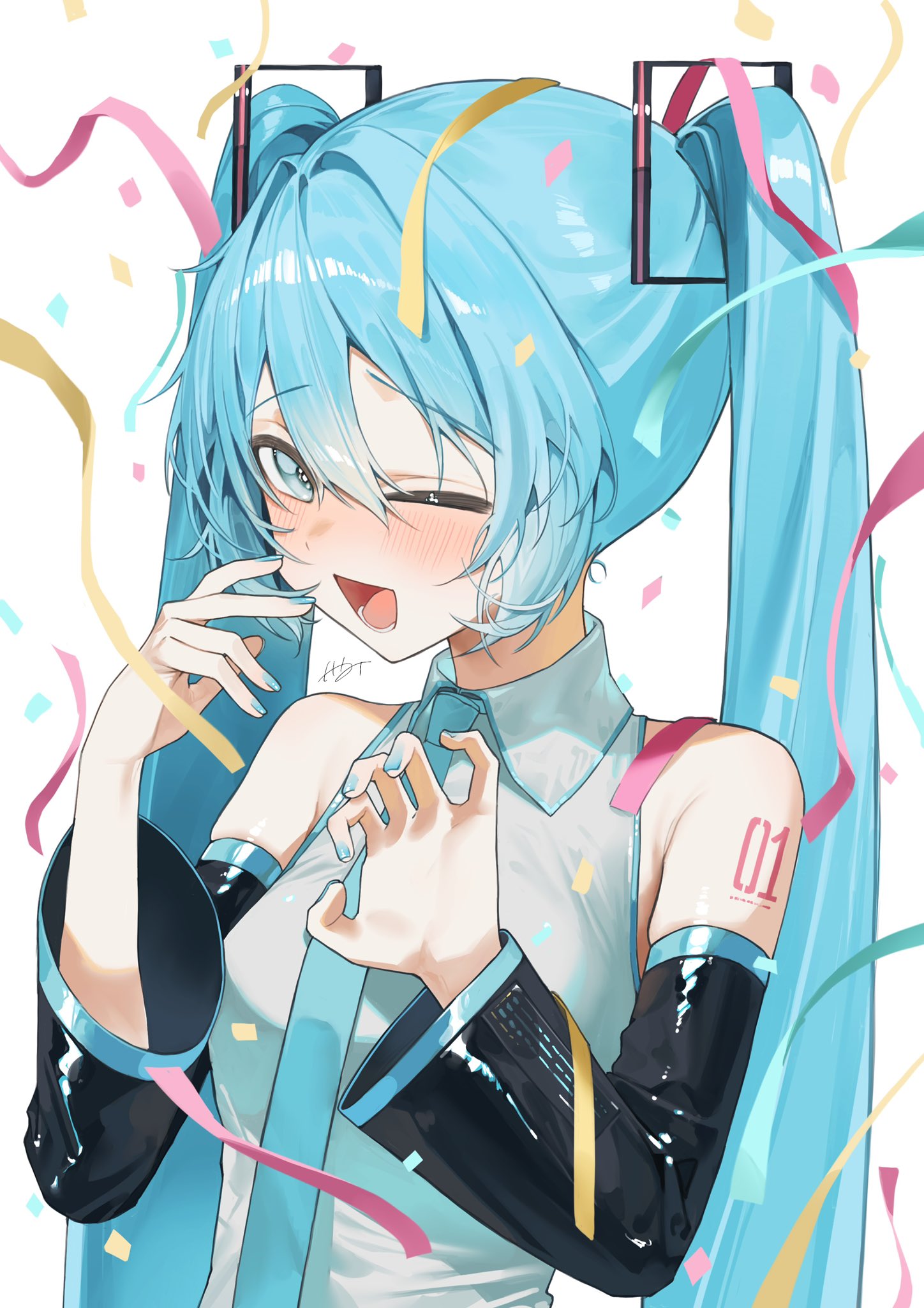 1girl, ;d, aqua_eyes, aqua_hair, aqua_nails, aqua_necktie, bare_shoulders, black_sleeves