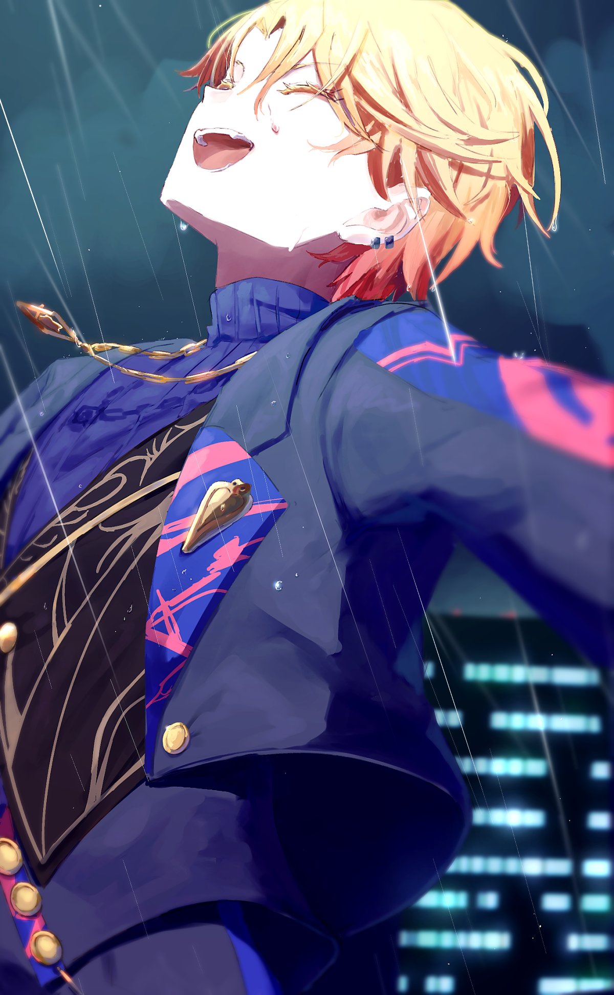 1boy, aaaao_o772, blonde_hair, closed_eyes, deep_dark_for_light_(project_sekai), ear_piercing, gradient_hair, highres