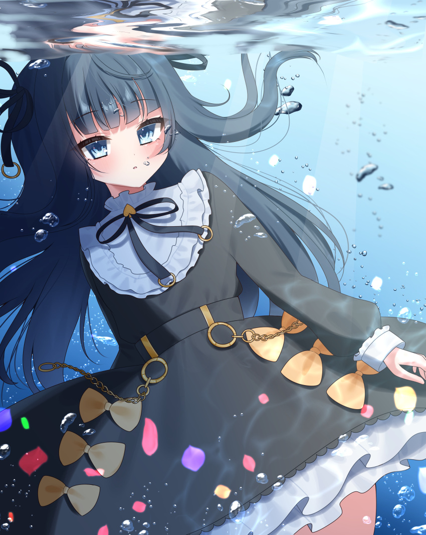 1girl, absurdres, arcaea, black_dress, black_hair, black_ribbon, blue_eyes, bow
