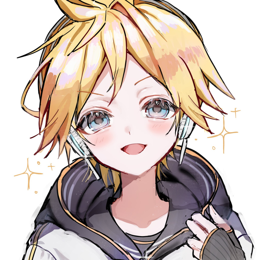 1boy, black_sailor_collar, blonde_hair, blue_eyes, blush, hand_up, headphones, highres