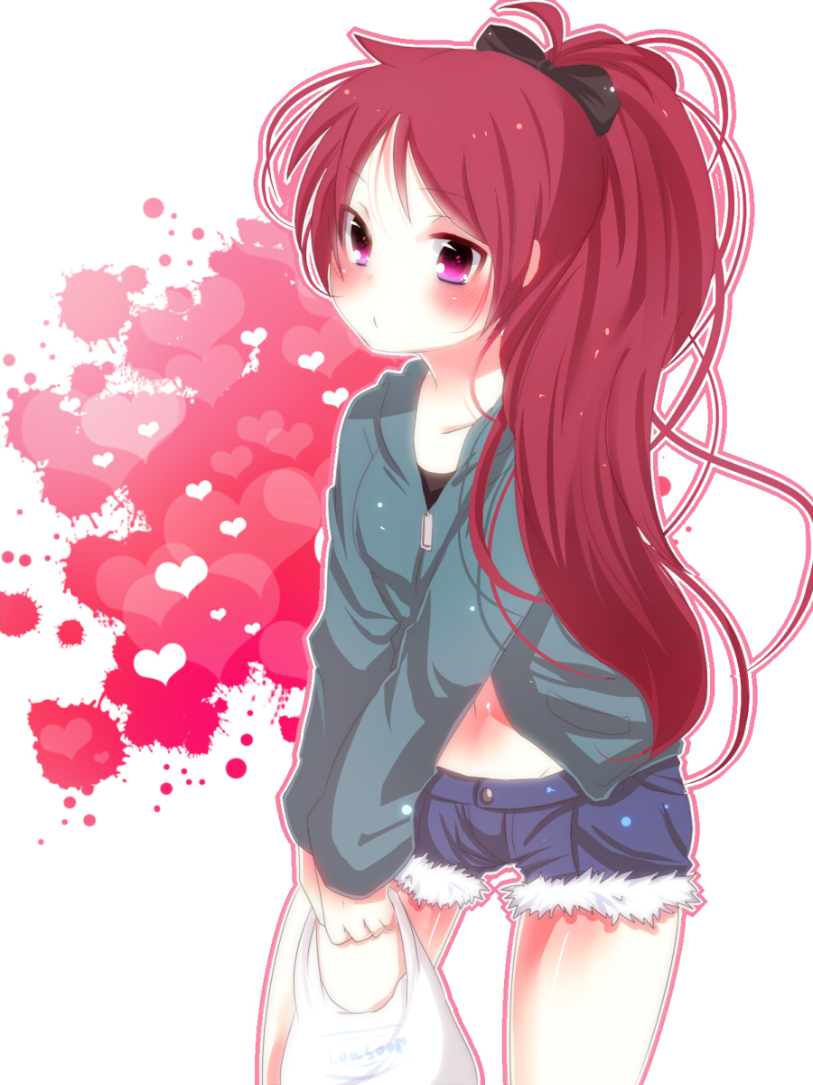 bag, blush, denim, denim_shorts, heart, highres, long_hair, mahou_shoujo_madoka_magica, navel, nue_(marlboro_gold), outline, pink_eyes, ponytail, red_hair, redhead, sakura_kyouko, shopping_bag, shorts, solo