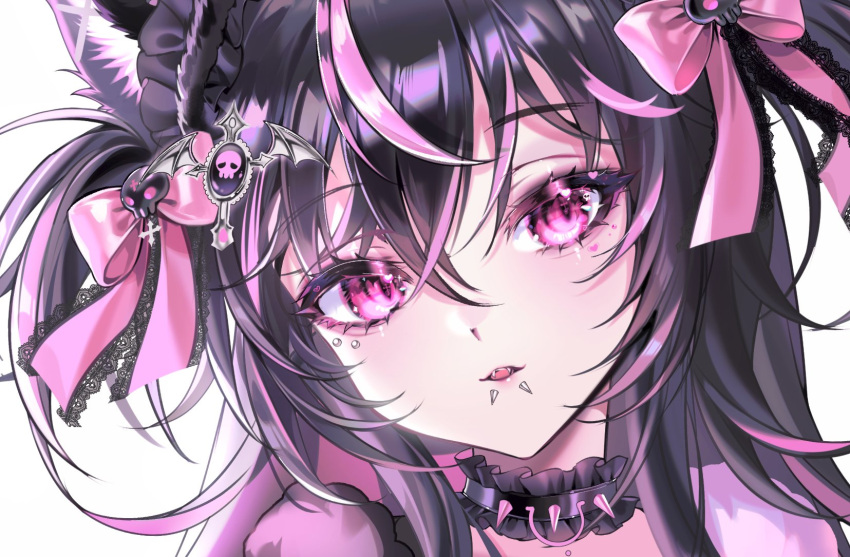1girl, aegyo_sal, animal_ear_fluff, animal_ears, black_choker, black_hair, bow, cat_ears