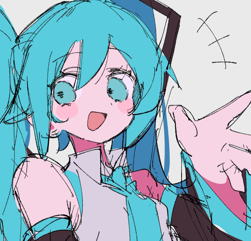 1girl, :d, aqua_eyes, aqua_hair, aqua_necktie, bare_shoulders, black_sleeves, blue_hair, blue_necktie, blush_stickers, collared_shirt, detached_sleeves, grey_background, grey_shirt, hair_between_eyes, hair_ornament, hand_up, hatsune_miku, highres, long_hair, looking_at_viewer, n40a1, necktie, open_mouth, shirt, simple_background, sketch, sleeveless, sleeveless_shirt, smile, solo, twintails, upper_body, vocaloid, waving, white_background, white_shirt