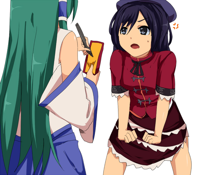 anger_vein, angry, beret, blue_eyes, blue_hair, green_hair, hat, kochiya_sanae