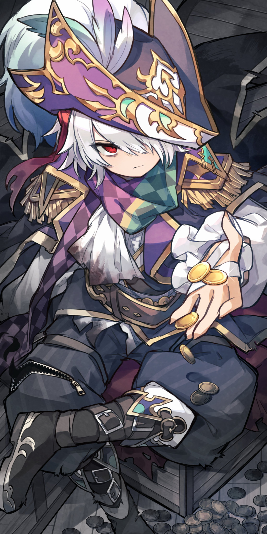 1boy, absurdres, argyle_clothes, argyle_scarf, bandaged_hand, bandages, blackbeard_(p&amp;d), checkered_clothes