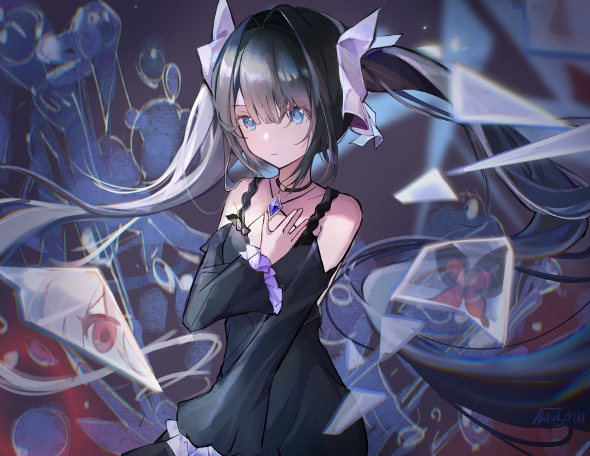 1girl, absurdres, arcaea, bare_shoulders, black_dress, black_hair, black_ribbon, blue_eyes