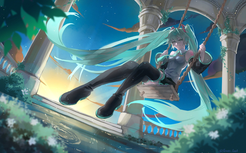 1girl, absurdres, aqua_eyes, aqua_hair, aqua_necktie, backlighting, bare_shoulders, black_skirt, black_sleeves, black_thighhighs, blurry, blurry_foreground, boots, breasts, closed_mouth, collared_shirt, column, depth_of_field, detached_sleeves, dutch_angle, floating_hair, flower, full_body, gradient_sky, grey_shirt, hair_between_eyes, hair_ornament, hatsune_miku, highres, light_particles, long_hair, looking_at_viewer, necktie, outdoors, pillar, plant, pleated_skirt, sehir0_gurei, shirt, shoulder_tattoo, sitting, skirt, sky, sleeveless, sleeveless_shirt, solo, star_(sky), star_sky, starry_sky, sunset, swing, tattoo, thigh-highs, thigh_boots, twintails, very_long_hair, vocaloid, water, wide_sleeves, zettai_ryouiki