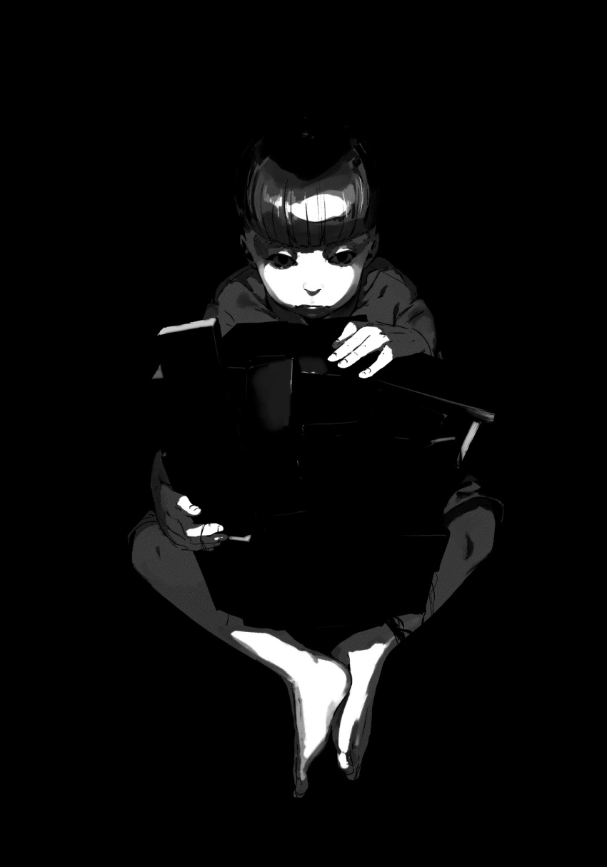 1boy, barefoot, black_background, computer, darkness, full_body, greyscale, highres