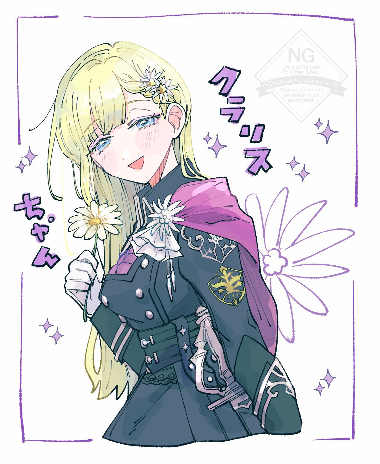 arm_up, ascot, black_coat, blonde_hair, blue_pupils, blunt_bangs, blush, boutonniere