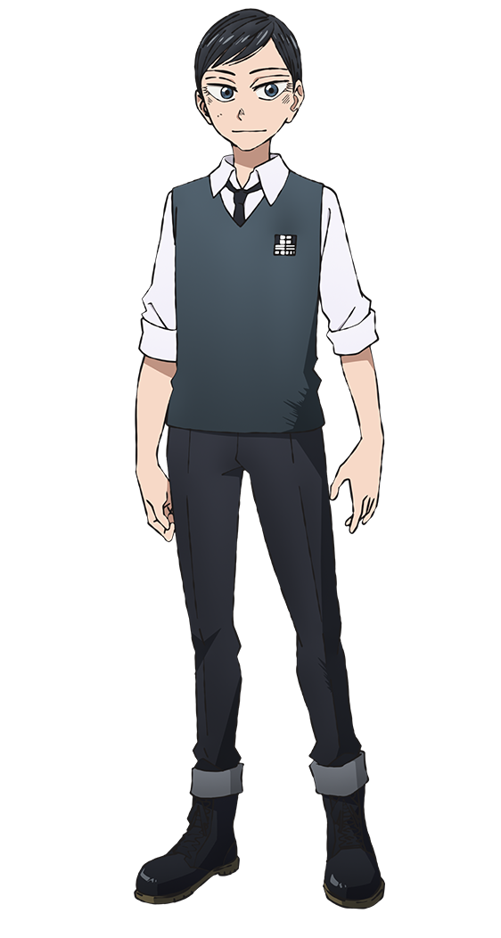 1boy, amaya_hitoshi, anime_coloring, black_boots, black_hair, black_necktie, black_pants, blue_eyes, blue_sweater_vest, boots, closed_mouth, collared_shirt, full_body, ishiyama_masamichi, long_sleeves, looking_at_viewer, necktie, official_art, pants, pants_rolled_up, sanda_(itagaki_paru), school_uniform, shirt, short_hair, simple_background, sleeves_rolled_up, solo, standing, sweater_vest, tachi-e, transparent_background, tsurime, white_shirt