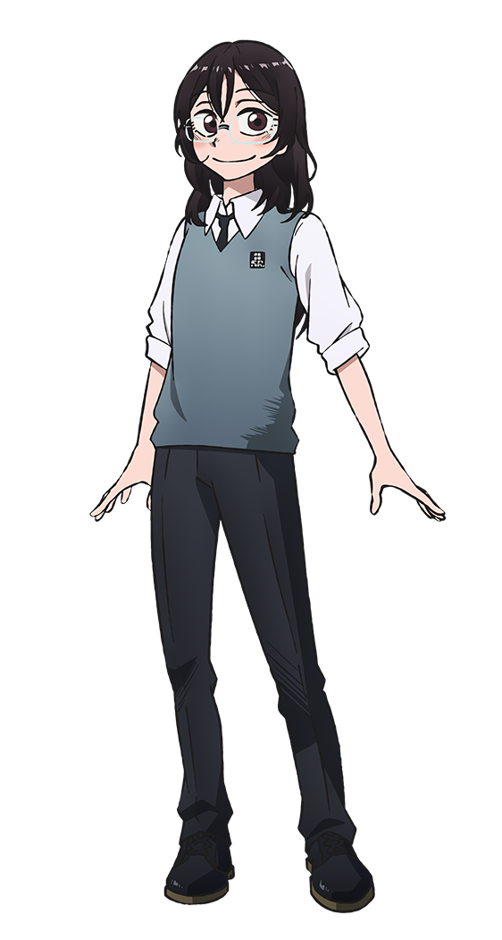 1girl, anime_coloring, black_necktie, black_pants, black_shoes, blue_sweater_vest, blush, brown_eyes, closed_mouth, collared_shirt, crossed_bangs, full_body, glasses, hair_between_eyes, ishiyama_masamichi, long_hair, long_sleeves, looking_at_viewer, necktie, official_art, ono_ichie, open_hands, pants, sanda_(itagaki_paru), school_uniform, shirt, shoes, simple_background, sleeves_rolled_up, smile, solo, standing, sweater_vest, tachi-e, transparent_background, white_shirt