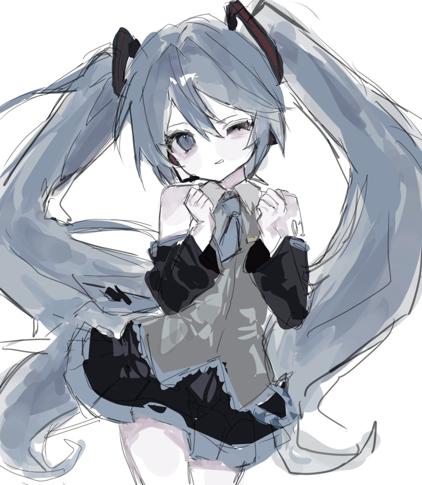 1girl, aqua_necktie, bare_shoulders, black_skirt, black_sleeves, blue_eyes, blue_hair, blue_necktie