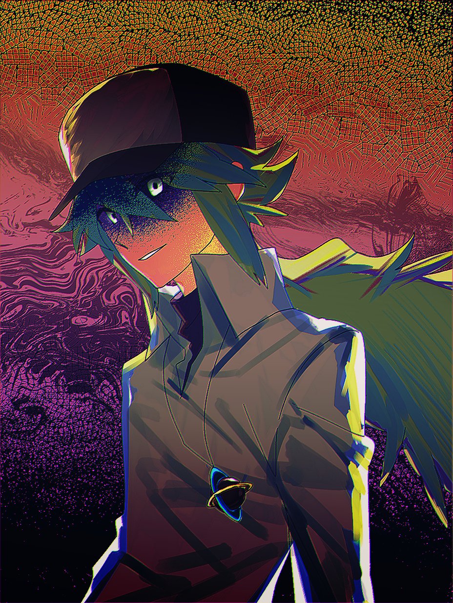 1boy, baseball_cap, black_shirt, collared_shirt, commentary, green_hair, gugab_(k_kkuba_), hair_between_eyes