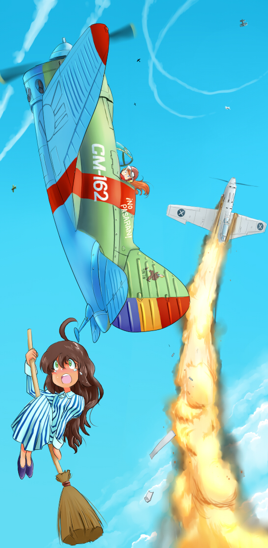 aerial_battle, airplane, battle, bf_109, broom, broom_riding, cloud, clouds