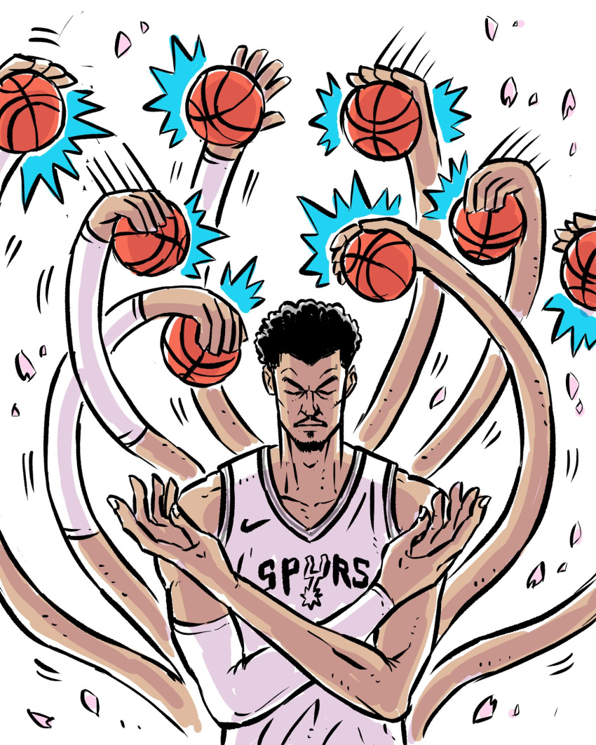 1boy, ball, basketball_(object), basketball_uniform, black_hair, closed_eyes, commentary, crossed_arms, devil_fruit_power, extra_arms, facial_hair, goatee, highres, luckymong, mustache, nico_robin, one_piece, petals, real_life, simple_background, sportswear, upper_body, victor_wembanyama, white_background