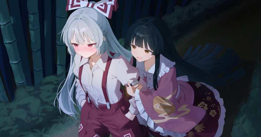 2girls, absurdres, bamboo, bamboo_forest, black_hair, blunt_bangs, blush, bow