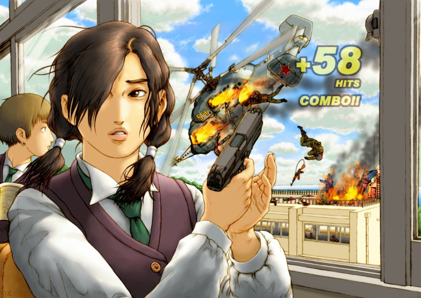 ak-47, assault_rifle, blood, bodies, brown_hair, city, cityscape, copyright_request, damaged, destruction, falling, fire, gun, handgun, helicopter, kamov_ka-27, military, military_uniform, multiple_girls, rifle, school_uniform, short_hair, sky, smoke, steyr_m9, tenji_sanmon, twintails, uniform, weapon, wreckage, yak-38