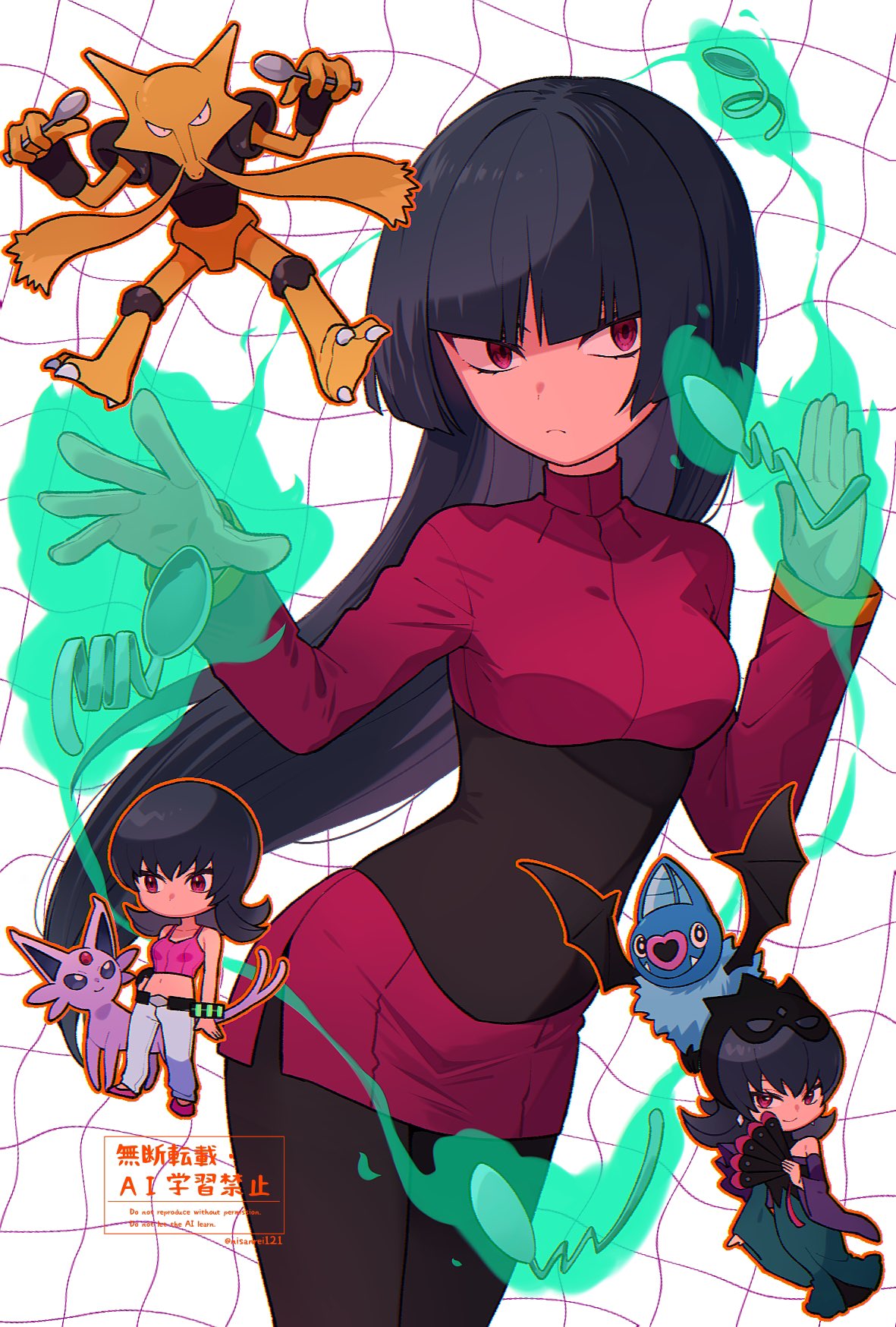 1girl, alakazam, bellelba_(pokemon), bent_spoon, blunt_bangs, bodysuit, bodysuit_under_clothes, breasts