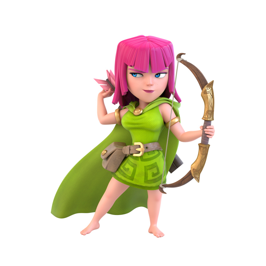 1girl, 3d, absurdres, archer_(clash_of_clans), barefoot, belt, belt_pouch, blue_eyes