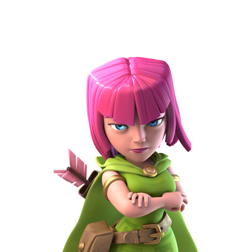 1girl, 3d, absurdres, archer_(clash_of_clans), blue_eyes, cape, clash_of_clans, crossed_arms