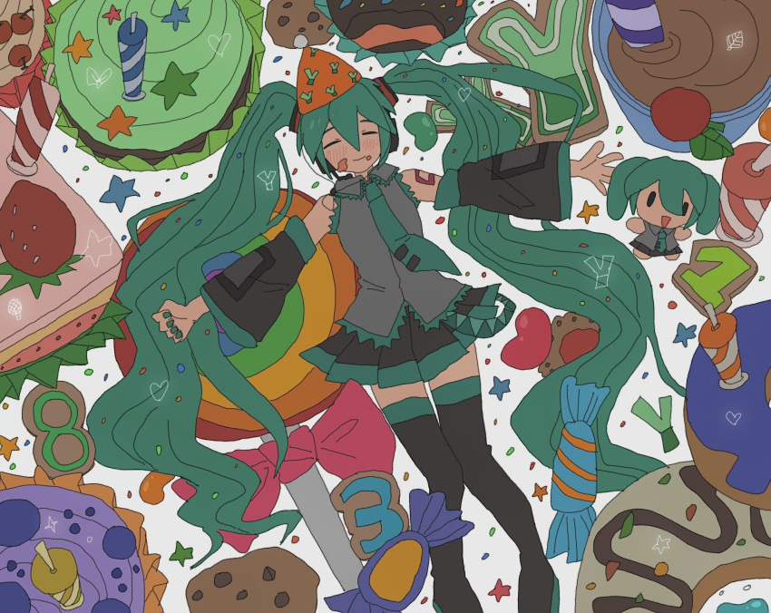 1girl, aqua_hair, aqua_necktie, birthday_cake, black_skirt, black_sleeves, blush, blush_stickers