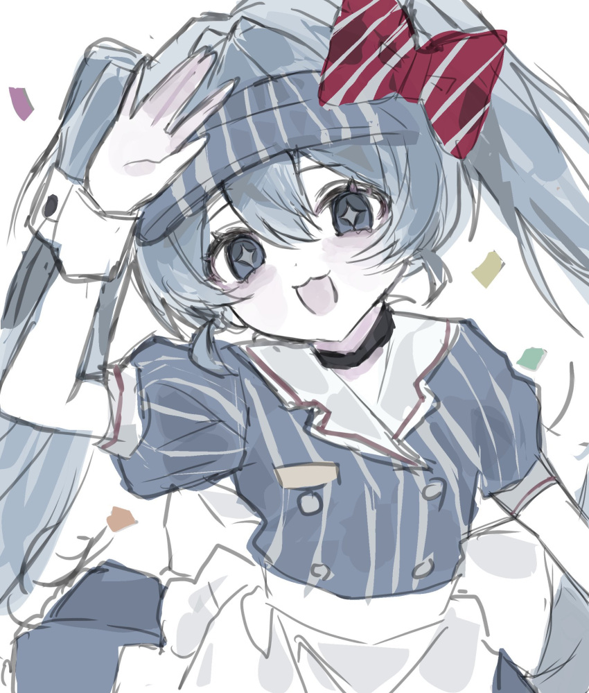 +_+, 1girl, :3, apron, black_choker, blue_eyes, blue_hair, blue_shirt