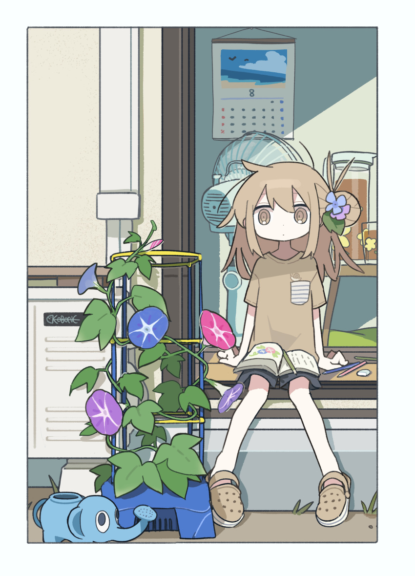 1girl, absurdres, aida_(aidia), animal-shaped_watering_can, arm_support, black_shorts, blue_flower, border, breast_pocket, brown_eyes, brown_hair, brown_shirt, brown_shoes, calendar_(object), commentary, crayon, crocs, cup, deformed, dot_nose, drinking_glass, electric_fan, eraser, flower, hair_bun, hair_flower, hair_ornament, highres, medium_hair, on_floor, original, outdoors, pink_flower, plant, pocket, potted_plant, purple_flower, shirt, shoes, short_shorts, short_sleeves, shorts, signature, single_side_bun, sitting, snail, solo, summer, t-shirt, watering_can, white_border