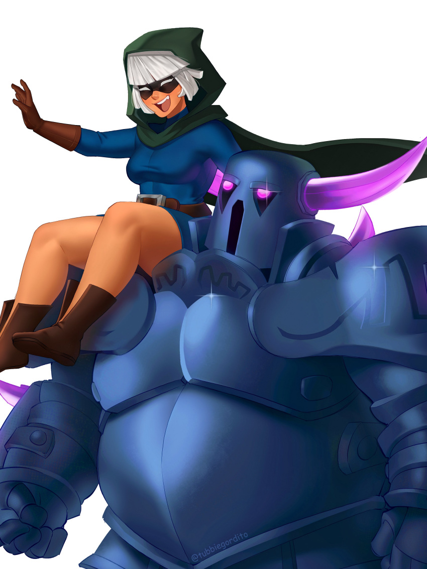 1girl, 1other, absurdres, armor, bandit_(clash_royale), blue_dress, boots, brown_boots