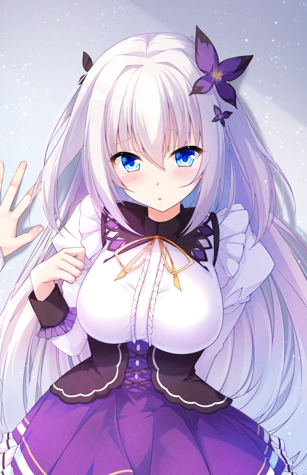 1girl, 1other, :o, blue_eyes, blush, breasts, butterfly_hair_ornament, commentary_request