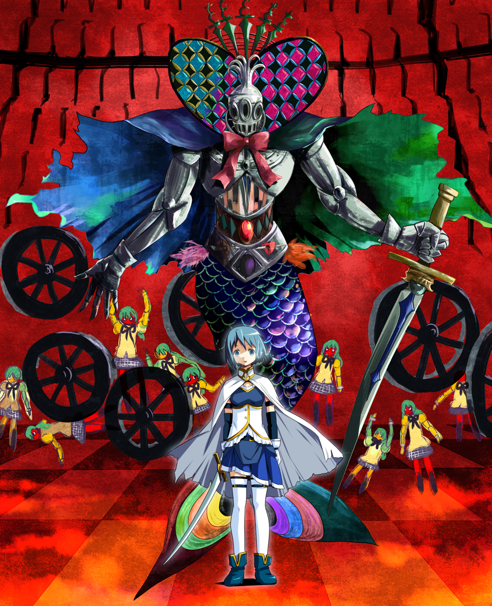 ashi_ura, blue_eyes, blue_hair, cape, highres, klarissa_(madoka_magica), knight, magical_girl