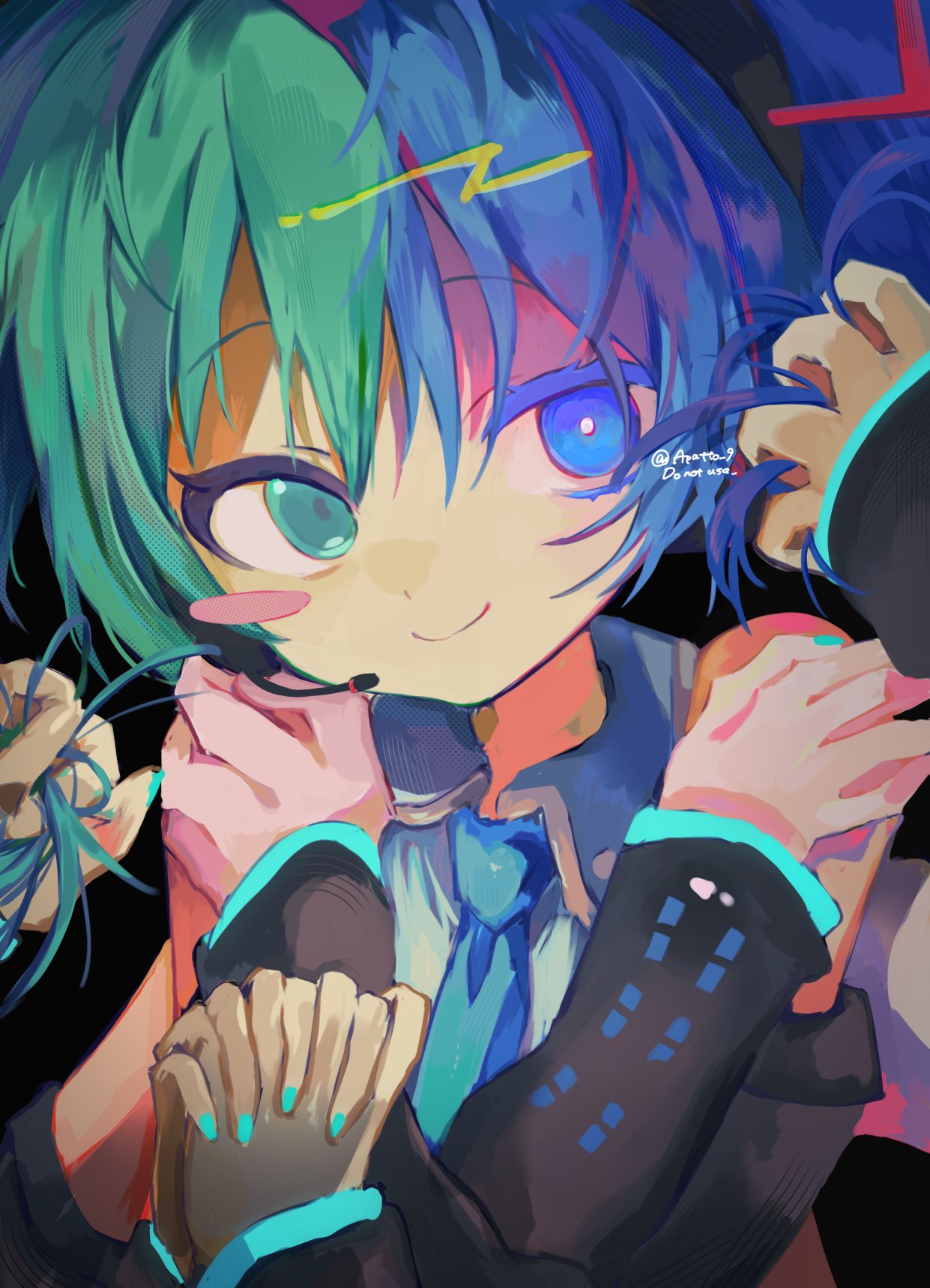 1girl, apu_(aputto_9), aqua_eyes, aqua_hair, aqua_nails, aqua_necktie, bare_shoulders, black_background, black_sleeves, blue_eyes, blue_hair, blue_necktie, blush_stickers, chimera_(vocaloid), closed_mouth, collared_shirt, detached_sleeves, green_eyes, grey_shirt, hair_ornament, hands_up, hatsune_miku, headset, heterochromia, highres, interlocked_fingers, long_hair, long_sleeves, looking_at_viewer, nail_polish, necktie, own_hands_together, shirt, simple_background, sleeveless, sleeveless_shirt, smile, solo, solo_focus, twintails, twitter_username, upper_body, vocaloid